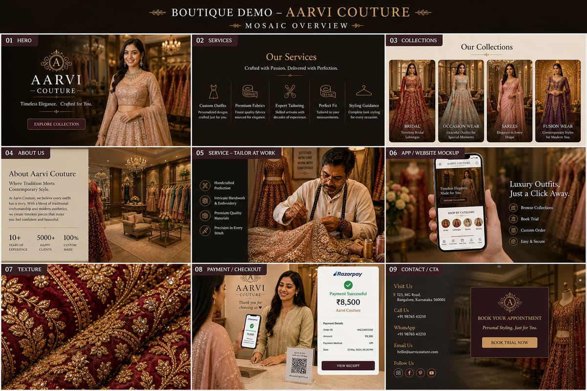 Rivaayat Boutique demo — 9-section mosaic preview: hero + services + collections + about + tailor + app + texture + payment + contact