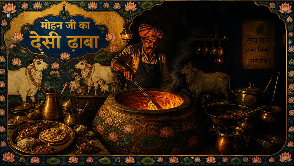 Hand-illustrated dhaba scene with chef and traditional thali