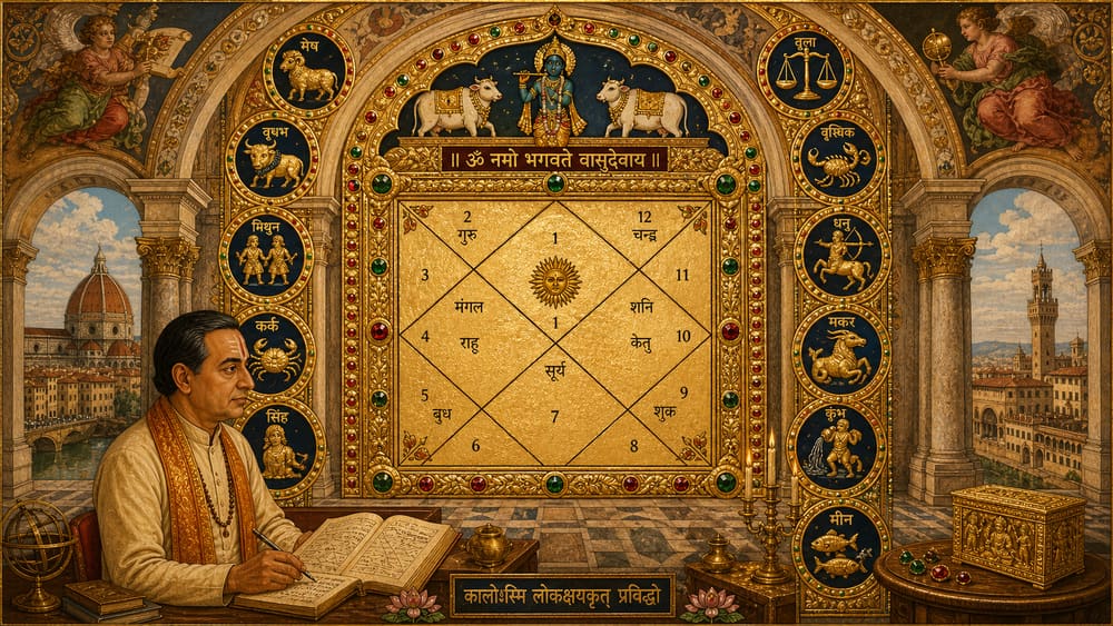 Pandit at desk with charts