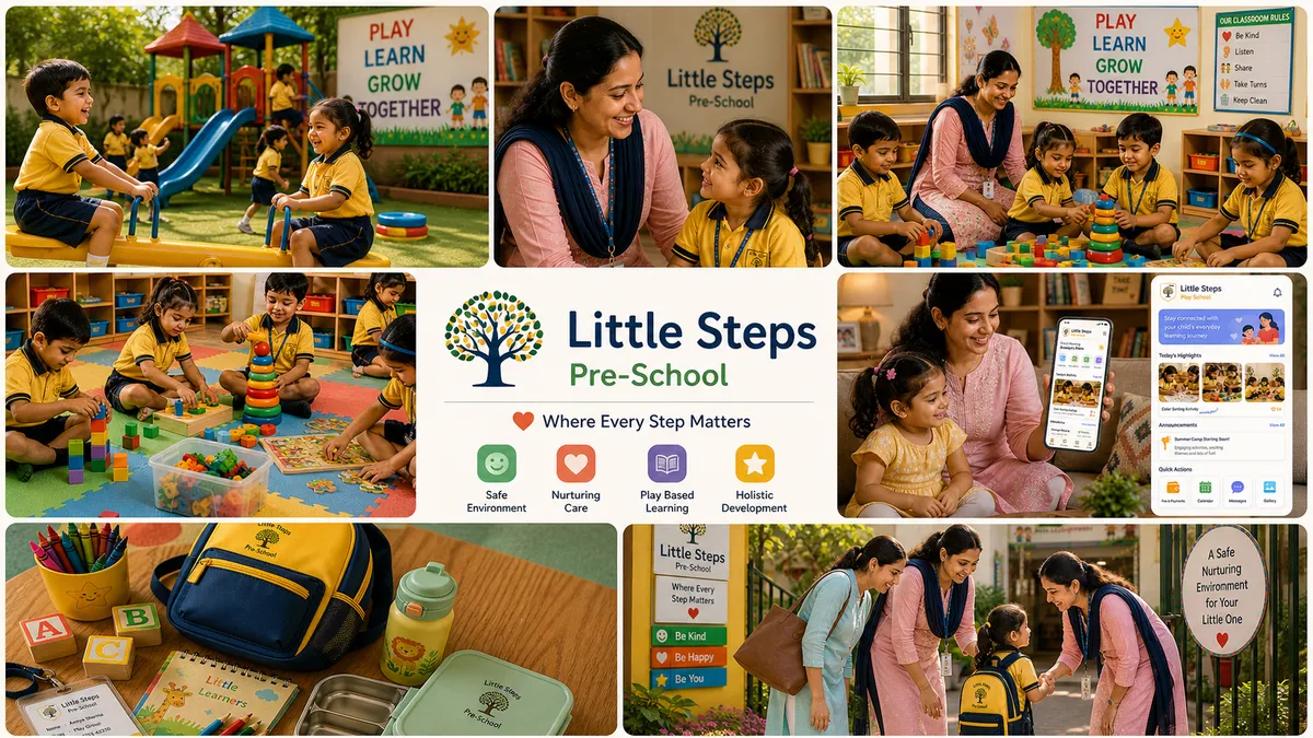 Little Steps Pre-School Noida · founder Anjali Khanna · Where Every Step Matters · Play Learn Grow Together · Montessori inspired play-based curriculum