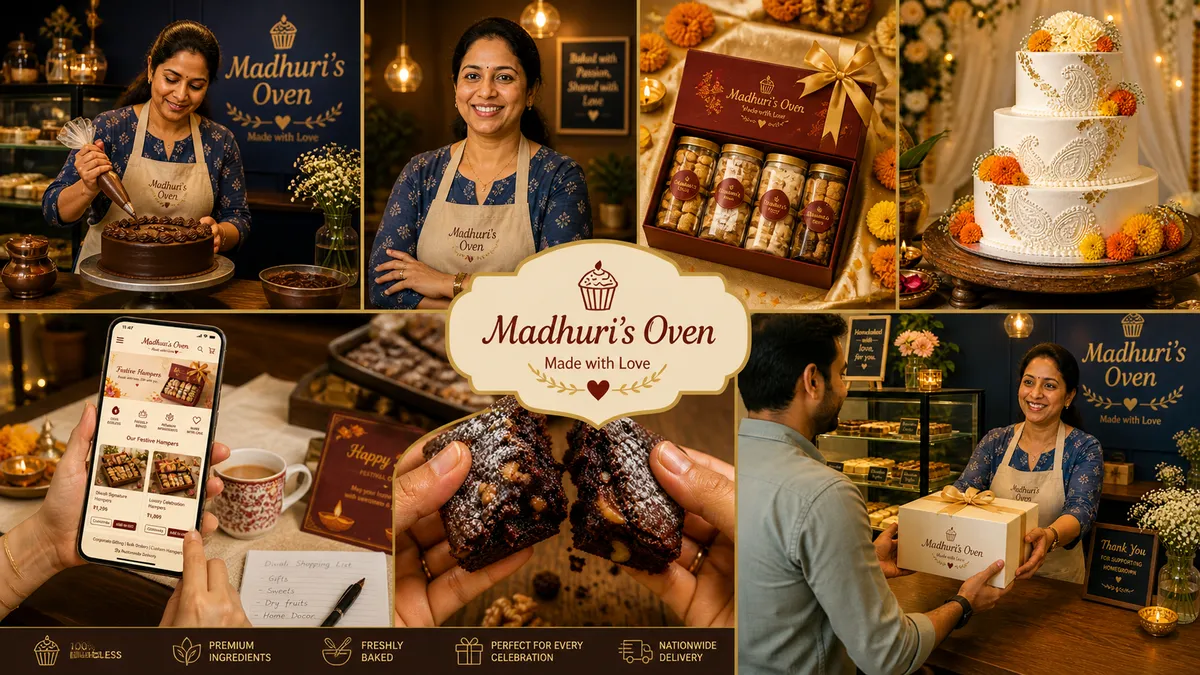 Madhuri's Oven Indore · founder Madhuri Joshi · 100% eggless artisan bakery · made with love · custom wedding + birthday cakes + festive Diwali Rakhi hampers