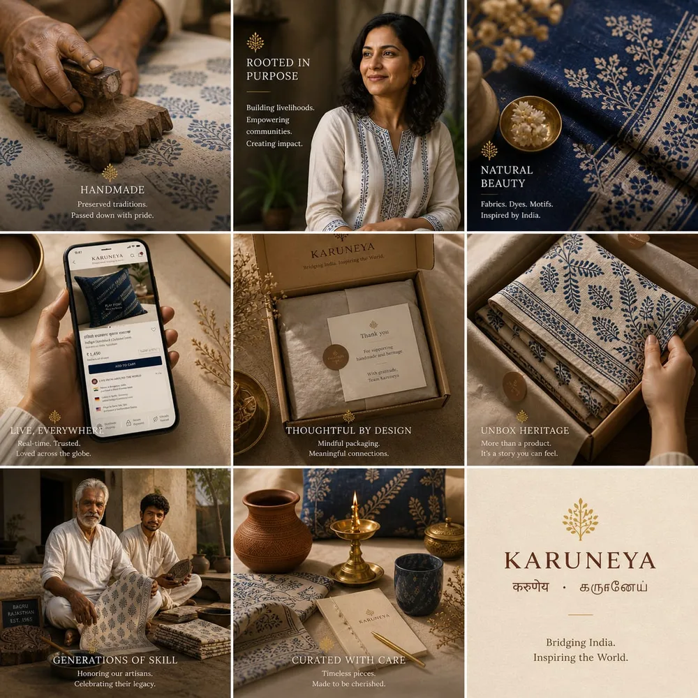 Karuneya Crafts — 9-panel mosaic showing block-printed textiles, master artisan, packaging, mobile product page, founder portrait, and Devanagari + Tamil wordmark