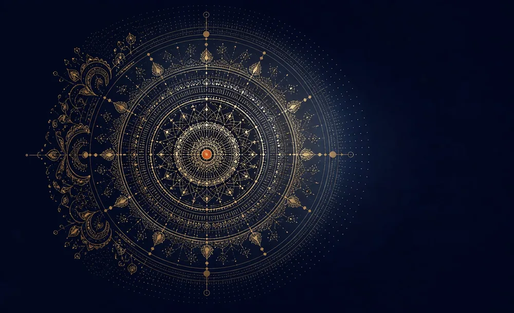 Studio Yantra — a luminous gold sacred-geometry mandala on deep midnight, radiating from a single saffron centre