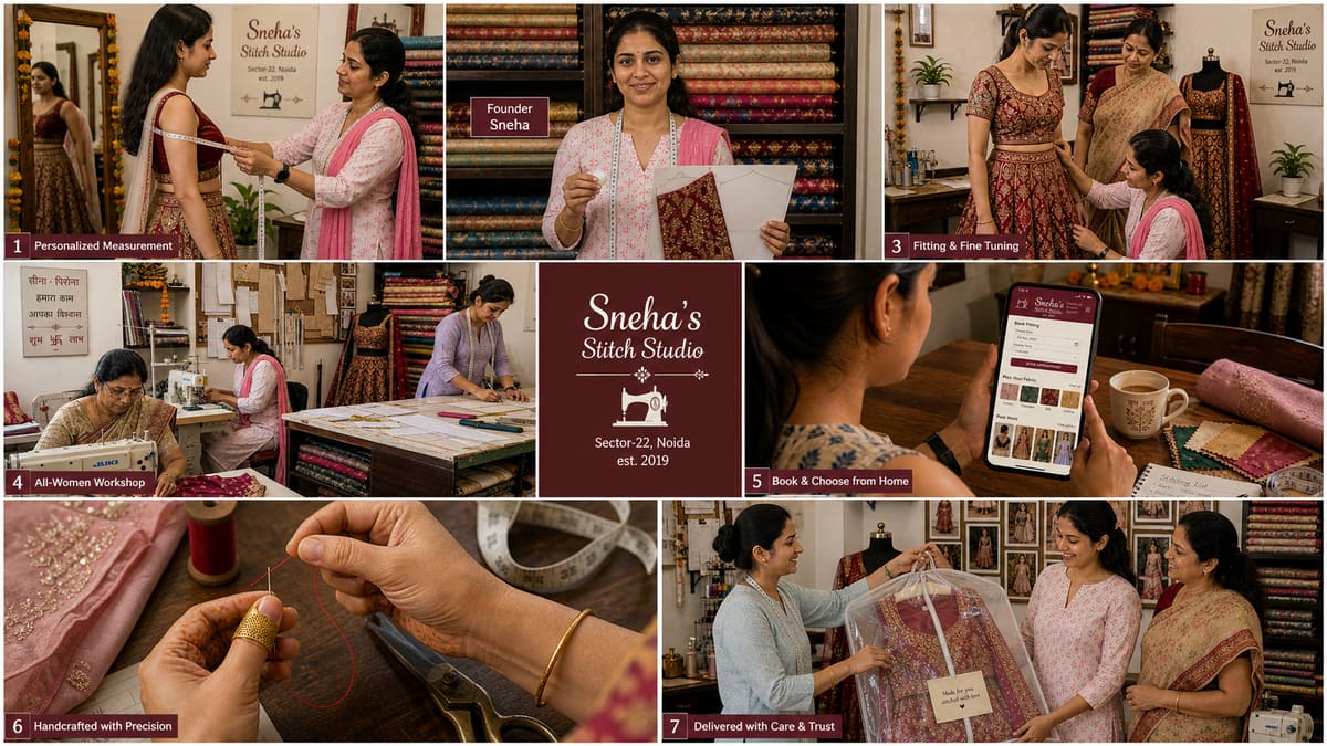 Sneha's Stitch Studio Sector 22 Noida · all-women bespoke tailoring · founder-master-tailor Sneha NIFT Delhi · bridal lehenga + kurta + saree blouse + indo-western + alterations · pan-NCR pickup-and-drop · 30-day fit-guarantee · since 2019