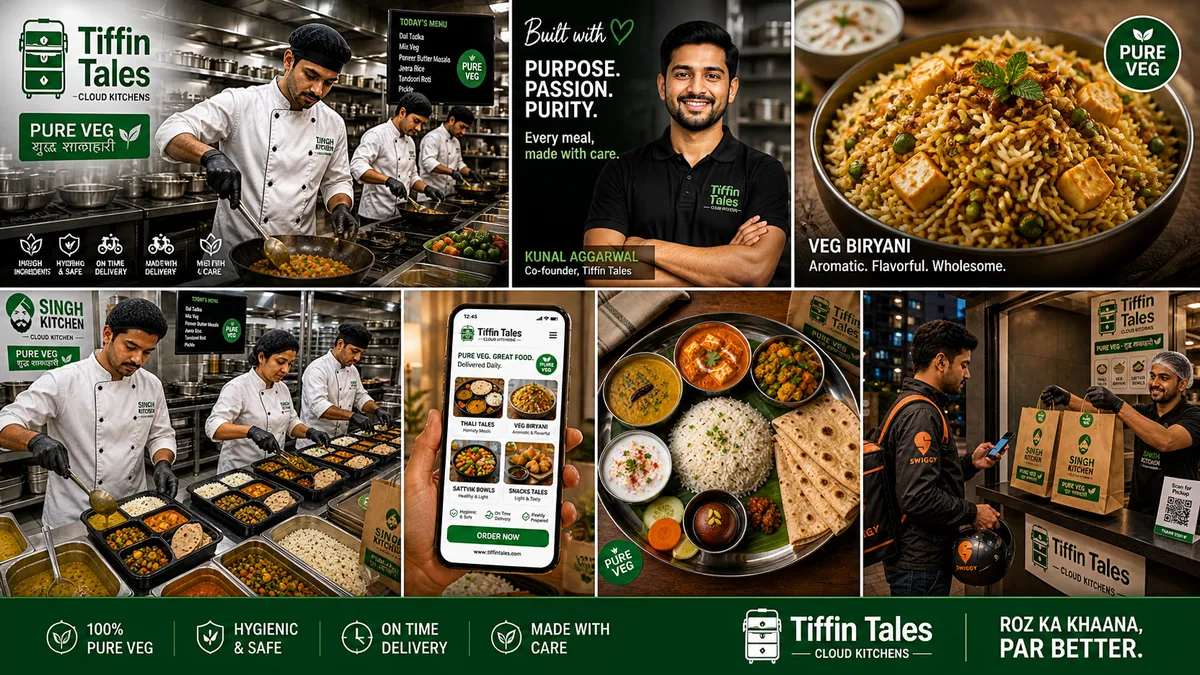 Tiffin Tales Cloud Kitchens · Bangalore HSR · founder Kunal Aggarwal · 100% pure veg multi-brand cloud kitchen running 4 sub-brands Singh Kitchen Punjabi thali · Biryani Tales Awadhi paneer biryani · Sattvik Bowls · Snack Tales chaat · FSSAI Cat-A licensed · Jain protocol on tap